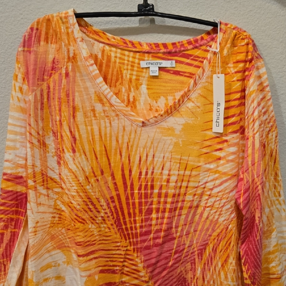 CHICO'S Vibrant Orange & Pink Patterned 3/4 Slub V-neck Tee (NWT) - sz 2